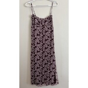 Wilfred Aritzia Size 6 Burgundy Damask Slip Midi Dress Side Slit Smocked